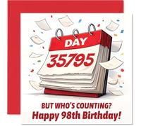 Funny 98th Birthday Card - Still Going Strong at 98 - Playful Calendar Design with Bold Red Accents - Perfect for a Milestone Laugh - 145mm Square, Envelope Included