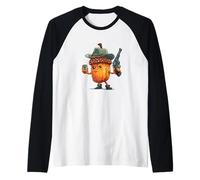 Funny Acorn in Hunter Look with Hat and Gun Costume Raglan Baseball Tee