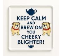 Funny Acrylic Coaster Gift for Dad Birthday - Cheeky British Bulldog and Teapot Illustration Modern Perspex Novelty Present for Tea Lovers