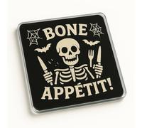 Funny Acrylic Coaster Gift for Halloween Lovers - Cartoon Skeleton Illustration with Whimsical Bats and Cobwebs, Spooky Novelty Present