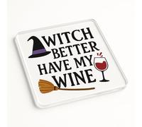 Funny Acrylic Coaster Gift for Wine Lover Halloween - Witchy Wine Cheers Novelty Present Whimsical Spooky Design