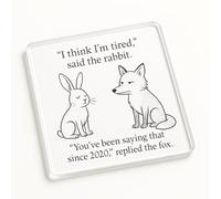 Funny Acrylic Coaster Gift - Whimsical Rabbit and Fox Cartoon Illustration - Minimalist Home or Office Decor Present