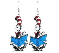 Funny Acrylic Dr. Seuss Day Drop Dangle Earrings Shiny Cat Dog Book Earrings Graduation Back to School Gift for Teacher Student Librarian, S, Zinc, No Gemstone