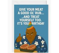 Funny Ainsley Harriott Birthday Card - Cheeky Meat Rub Pun - Blue Party Hat Edition - Hilarious Meme Greeting Card for Him or Her - UK TV Chef Birthday Card - Blank Inside