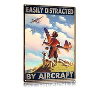 Funny Airplane Metal Sign, "Easily Distracted By Airplane" Aviation Wall Decor, 30x20cm Aluminium Man Cave Sign for Club Living Room Home Art Wall Decor, Aviation Gifts for Pilots & Plane Lovers