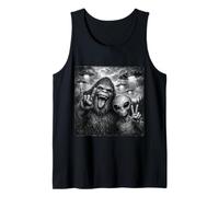 Funny Alien and Bigfoot Selfie UFO Rock on Sign Sasquatch Tank Top
