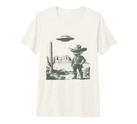 Funny Alien Cowboy UFO Desert Western Encounter Design Premium T-Shirt