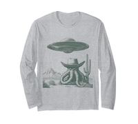 Funny Alien Octopus Cowboy UFO Desert Etching Style Long Sleeve T-Shirt