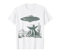 Funny Alien Octopus Cowboy UFO Desert Etching Style T-Shirt