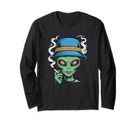 Funny Alien Smoking Weed Trippy Retro Sci-Fi Gift Long Sleeve T-Shirt