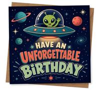 Funny Alien Spaceship Birthday Card - Have an Unforgettable Birthday - Cute Retro Space Theme for Kids, Boys, Girls, Friends and Family