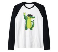 Funny Alligator Rock On Cool Cartoon Crocodile Design Raglan Baseball Tee