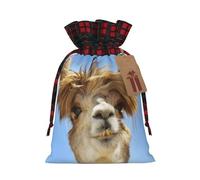 Funny Alpaca Llama Christmas Drawstring Linen Gift Bag Paired With Scottish Plaid Fabric, With A Delicate And Simple Texture