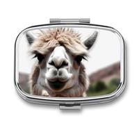 Funny Alpaca Llama Pill Box 2 Compartments Portable Travel Pill Case Mini Medicine Organizer for Pocket Purse Metal Waterproof Medicine Container Holder Vitamin Fish Oil