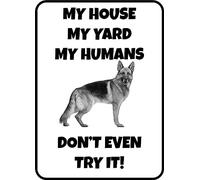 Funny Aluminum Tin Sign German Shepherd My House My Humans Pet Dog Gate Fence Cute Sign Valentine's Day Decoration Gift Room Wall Bathroom Decoration for Her 12x8 inch