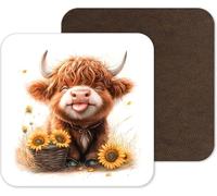 Funny and Cute Highland Cow Coasters - 25 Designs - Funny Retro Square Wooden Coaster (Design 1)