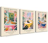 Funny Animal Bathroom Canvas Wall Art Set of 3, Vintage Matisse Black Cat Dopamine Wall Decor Paintings, Cute Tiger In Bathtub Pink Green Beachy Picture Posters Prints for Bathroom Framed 12x16 Inch