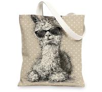 Funny Animal Canvas Tote Bags, Cute Alpaca Illustration Lightweight Reusable Shopping Bags for Travel Beach Grocery, Beige, 13x15 Inch