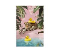 Funny Animal Cheetah Leopard in Bathtub Wall Art Poster Dopamine Colourful Orange Pink Duck Canvas Art Prints Cute Bathroom Wall Decor 08x12inch(20x30cm)