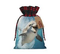 Funny Animal Dolphin Print Festive Plaid Gift Bag, Candy Bag, Drawstring Burlap Pouch For Holiday Presents Favor-M