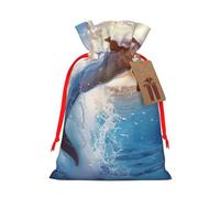 Funny Animal Dolphin Printed Christmas Drawstring Bags for Party Xmas Gift Wrapping, Red Ribbon, M