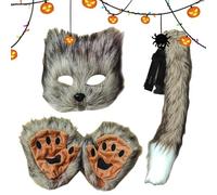Funny Animal Furry Cosplay Kit, Faux Wolf Half Face Cover, Wolf Paw Gloves Faux Tail Cat Cosplay | Fury Paw and Tail Set, Furry Costume Kit for Halloween Birthday Holiday