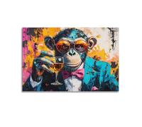 Funny Animal Theme Wall Art Hanging Paintings Canvas, Monkey Gentleman Chimp with Whiskey Glass, Abstract Poster, Unique Living Room Wall Decor Accents 24x36inch(60x90cm)