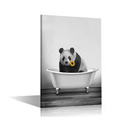 Funny Animals Canvas Painting Wall Art Decorative Artwork for Bathroom Living Room Bedroom Panda Biting Sunflower in Bathtub Pictures Stretched on Canva Framed Ready to Hang 12x18inch