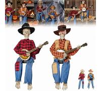 Funny Animated Dueling Banjo Skeletons, Halloween Country Skeleton Musicians Figurine, Dueling Banjo Halloween Skeletons with Light Eyes for Haunted House Party & Decorations (Light,Red+Yellow)