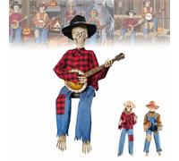Funny Animated Dueling Banjo Skeletons, Halloween Country Skeleton Musicians Figurine, Dueling Banjo Halloween Skeletons with Light Eyes for Haunted House Party & Decorations (Light,Red)