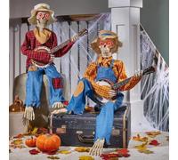 Funny Animated Dueling Banjo Skeletons, Luminous Skeleton Playing Banjo, for Halloween Indoor Outdoor Thanksgiving Decorations Autumn Harvest Day Gifts Haunted House Props for Party Decor (Red)