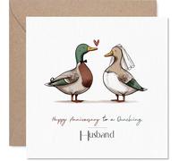 Funny Anniversary Card for Husband - Quack Up Your Anniversary - Cartoon Ducks in Love Motif with Playful Bow Tie and Veil - 145mm Square, Envelope Included