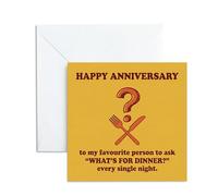 Funny Anniversary Card For Husband, Wife. 'What's For Dinner' Retro Design. Happy Greeting Gift Parents, Him or Her. Humorous Relationship Joke, 13x13cm, Envelope Included