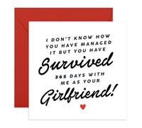 Funny Anniversary Day Card - '1 Year GF' - Romantic Gifts for Boyfriend, Boyfie, Partner - Thanks for Staying - Comes with Fun Stickers