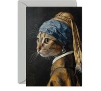 Funny Art Birthday Card for Men Women - The Cat With The Puurl Earring - Awesome Greeting Card for Friend Family Colleague Son Daughter Mum Dad Sister Brother, 5x7 Inch Joke Greeting Cards Gift