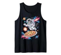 Funny Astronaut Cat Floating Above Pizza in Space Tank Top