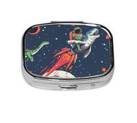 Funny Astronaut Cute Dinosaur Rocket Printed Square Pill Organizer with 2 Compartments, Portable Mini Pill Box Pill Case for Medicine, Vitamin, Fish Oil, Supplements