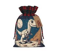 Funny Astronaut Dinosaur Rocke Print Festive Plaid Gift Bag, Candy Bag, Drawstring Burlap Pouch For Holiday Presents Favor-M