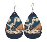Funny Astronaut Dinosaur Rocke Print Leather Dangle Earrings Lightweight