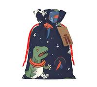 Funny Astronaut Dinosaur Rocket Burlap Drawstring Gift Bag With Tag, Reusable Linen Pouch For Christmas, Birthday, Party, Small Gift Packaging S