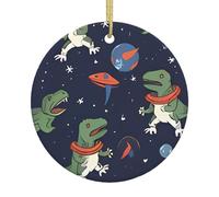 Funny Astronaut Dinosaur Rocket Christmas Ceramic Round Ornament - Double Sided Print Xmas Tree Hanging Decoration With Gold String