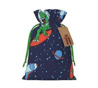 Funny Astronaut Dinosaur Rocket Printed Christmas Drawstring Bags with Green Christmas Ribbon - Reusable Burlap Drawstring Gift Pouches, S