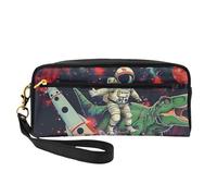 Funny Astronaut Dinosaur Rocket Printed Leather Makeup Bags with Wrist Strap Portable Travel Toiletry Bag Cosmetic Organizer Bag for Women