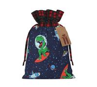 Funny Astronaut Dinosaur Rocket Printing Color Matching Plaid Christmas Bag With Drawstring For Christmas Birthdays Party,4.7x6.9 Inch