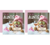 Funny Auntie Birthday Card, Relaxing Bath Cat (Pack of 2)