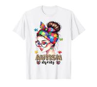 Funny Autism Awareness Mom Messy Bun Puzzle Autistic Support T-Shirt