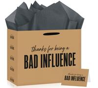 Funny Bad Influence Gift Bag with Greeting Card and 3 Dark Gray Tissue Paper Sheets, Sarcastic Friendship Present Packaging for BFF Birthday, Gag Gift, White Elephant Party and Office Exchange