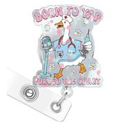 Funny Badge Reel, Born to Yap Forced The Chart Silly Goose Badge Reels Retractable Holder Glitter with Alligator Clip for Neurology Neurosurgeon Nurse Physical Therapy Mental Health Doctor