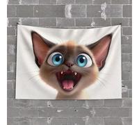 Funny Bar Decor Cartoon Cat with Big Blue Eyes Tapestry Room Decorations Funny Kitchen Decor(100X150CM)