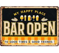 Funny Bar Metal Sign Open My Happy Place To Good Times And Friends Vintage Art Poster Wall Decor Aluminium Hanging Plaque for Home Pub Man Cave Speakeasy Club Garage 8x12 Inches